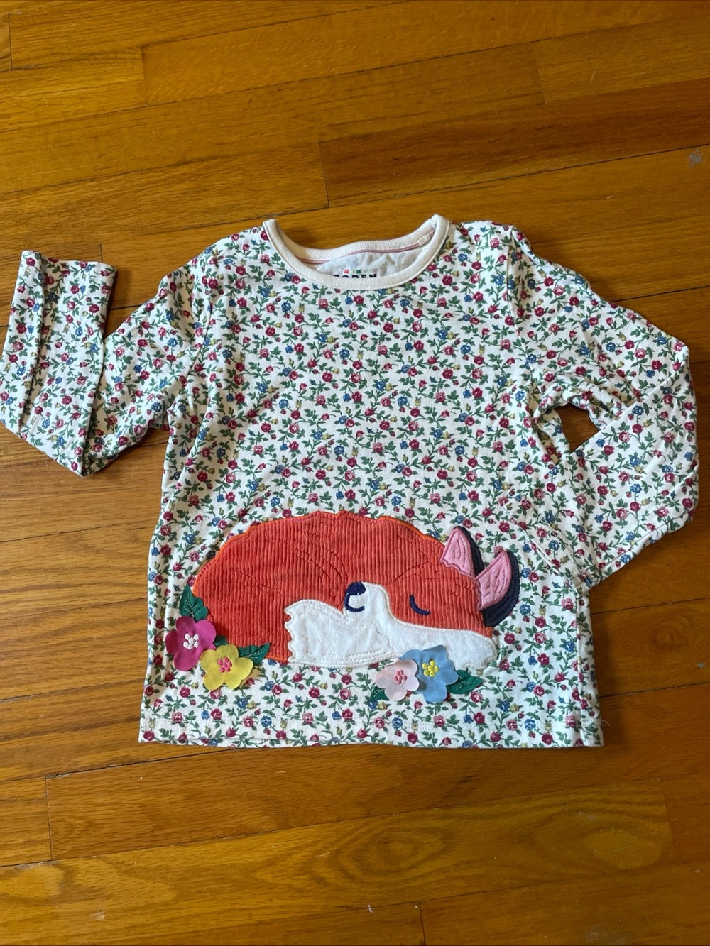 Mini Boden Girls 5-6 Floral Long Sleeve Top with Fox Appliqué